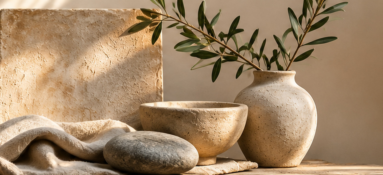 Editorial still life of natural stone, linen, ceramic vessels and olive branches in warm sunlight